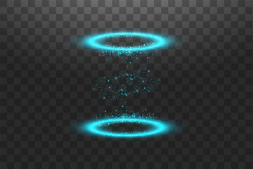 Futuristic teleport. Magic fantasy portal. Light effect. Candles rays of a night scene with sparks on a transparent background. Empty light effect of the podium. Disco club dancefloor.