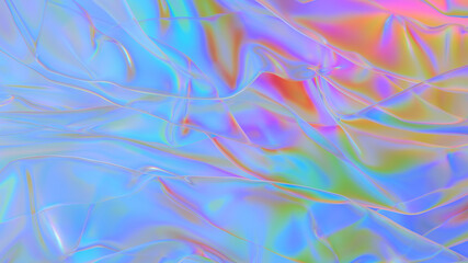 Polyethylene. Transparent Rainbow Plastic or Glass. Holographic Rainbow foil. Neon background. Abstract  3D rendering