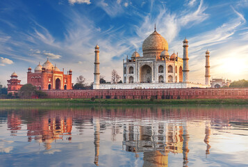 Taj Mahal at sunset, back view from the Yamuna river, Agra, India
