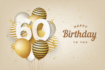 Happy 60th birthday with gold balloons greeting card background. 60 years anniversary. 60th celebrating with confetti. Vector stock