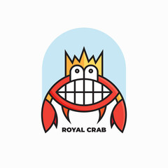 Royal crab logo design. Vector illustration of abstract cute smiling funny crab with crown isolated on white background