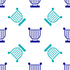 Blue Ancient Greek lyre icon isolated seamless pattern on white background. Classical music instrument, orhestra string acoustic element. Vector.