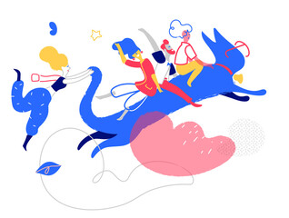 Gruppo di personaggi stravaganti volano sul gatto blu