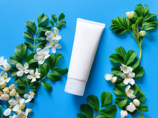Unbranded white squeeze cosmetic tube, spring flowers and leaves on bright blue background. Natural...