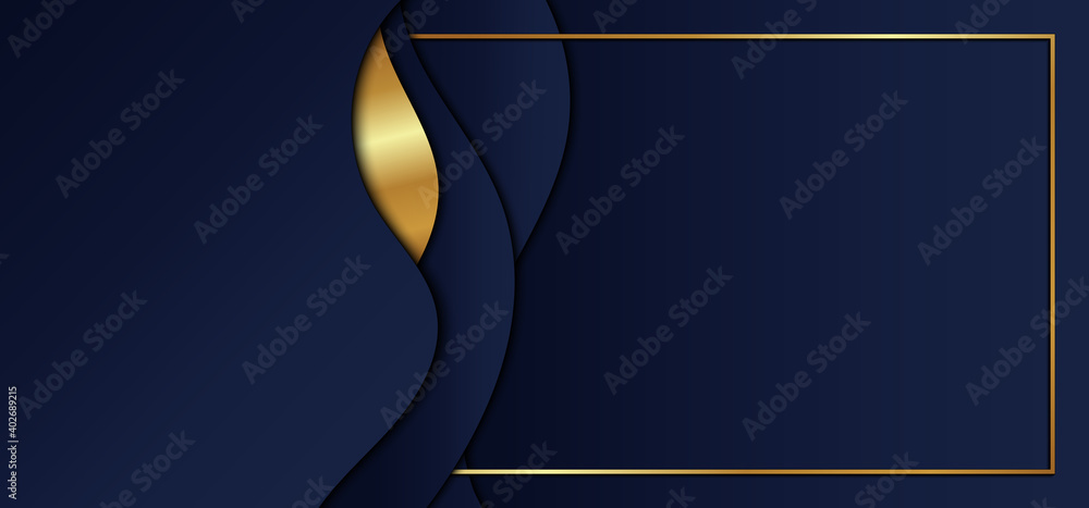 Poster abstract blue gradient color wave shape with gold stripes and frame overlap layers on dark blue back