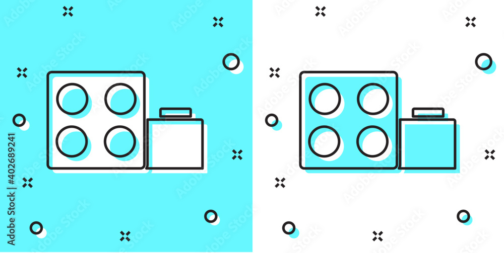 Poster black line toy building block bricks for children icon isolated on green and white background. rando