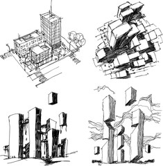 four hand drawn architectectural sketches of a modern abstract architecture and generic city urbanism structure and fantastic buildings
