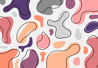Abstract minimal organic shapes pattern composition pink, gray, purple color with black lines on white background in trendy contemporary collage style