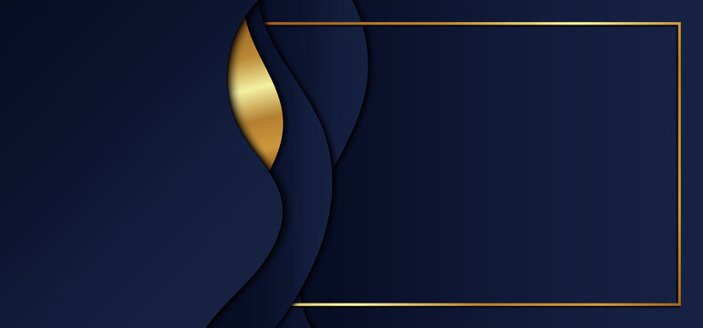 Abstract blue gradient color wave shape with gold stripes and frame overlap layers on dark blue background