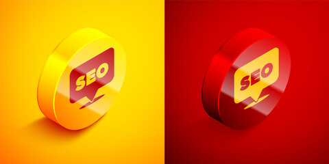 Isometric SEO optimization icon isolated on orange and red background. Circle button. Vector.