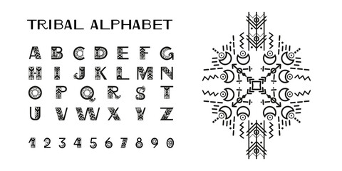 Tribal style alphabet. Ethnic ornamental font. Vector illustration.