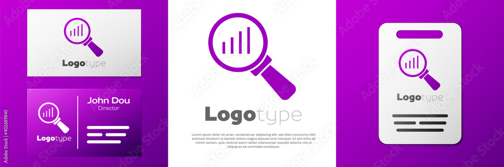 Aufkleber logotype magnifying glass and data analysis icon isolated on white background. logo design template 
