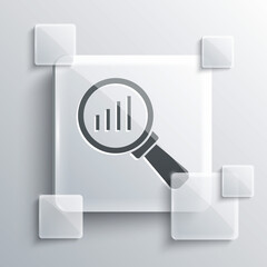 Grey Magnifying glass and data analysis icon isolated on grey background. Square glass panels. Vector.