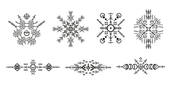 Set of Tribal style ornaments and arrows. Native american ornamental pattern design collection. Vector illustration