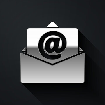 Silver Mail and e-mail icon isolated on black background. Envelope symbol e-mail. Email message sign. Long shadow style. Vector.