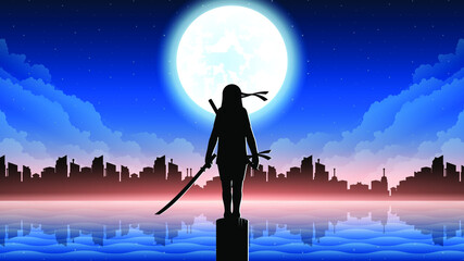 Dark Background Ninja Moon City Person Silhouette Water Clouds Sky People Night © Дмитрий