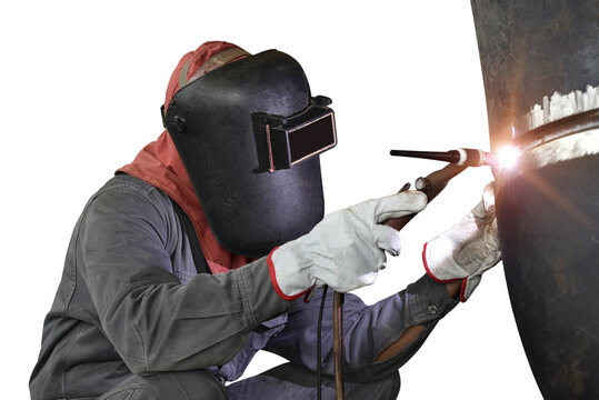 Worker Tig Welding Metal Steel pipe isolated on white background.