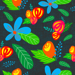 Bright colorful floral with leaves on black background seamless pattern