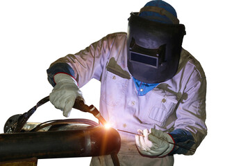 Worker Welding isolated on white background on Metal Steel pipe by Tig gas argon.