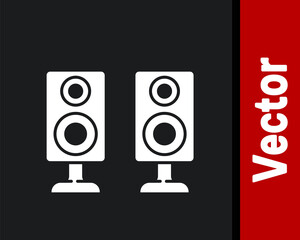 White Stereo speaker icon isolated on black background. Sound system speakers. Music icon. Musical column speaker bass equipment. Vector.