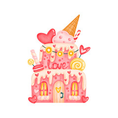 Valentine's day cute candy cake house illustration isolated on white background