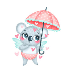 Illustration of a cute cartoon cupid koala isolated on white background. Valentine's day animals.