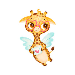 Illustration of cute cartoon cupid giraffe isolated on white background. Valentine's day animals.