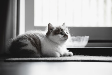 Chaton en noir et blanc, bébé chat intrigué, animal de compagnie a prendre soin