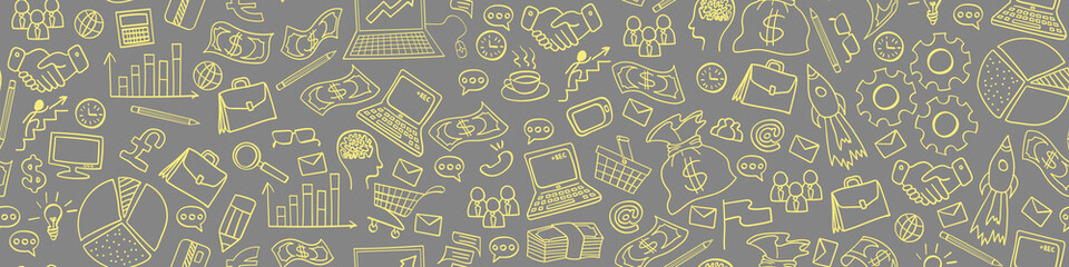 Business hand drawn doodles seamless border on gray background. Vector illustration.