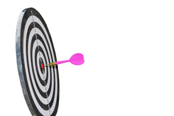 Dart arrow hitting in the target center of dartboard isolated on white background.