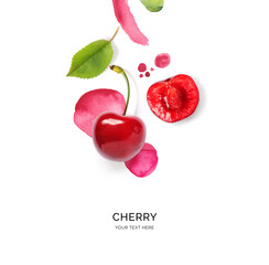 Creative layout made of cherry on the watercolor background. Flat lay. Food concept.