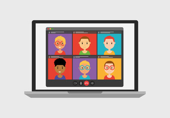 People connecting together, learning talking and meeting online on a digital laptop. Conference remote working from home or on school work flat illustration vector avatar character design.