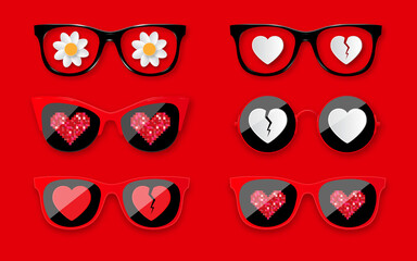 Happy Valentines Day. Set sunglasses with hearts. Fashionable glasses for Valentine's Day holiday design.