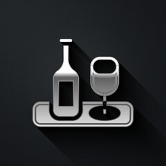 Silver Wine bottle with glass icon isolated on black background. Long shadow style. Vector.