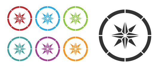Black Compass icon isolated on white background. Windrose navigation symbol. Wind rose sign. Set icons colorful. Vector.