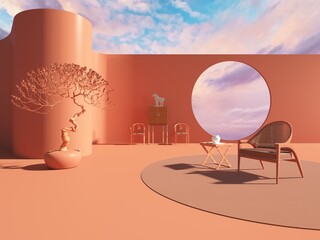 3d rendering of moden abstract chinese interior style with earth tone scheme