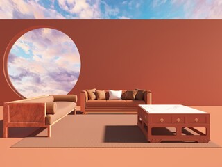 3d rendering of moden abstract chinese interior style with earth tone scheme