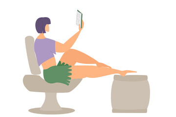 Fototapeta premium The girl sits in a stylish armchair and reads a book. Home hobby during isolation. Distance education.