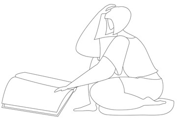 The girl is sitting on the floor and reading a large book. Vector in line style. Isolated on white. Coloring book for children and adults.