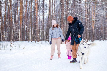 Fototapeta na wymiar mixed race family in threesome spending new year holidays in park with their husky dog