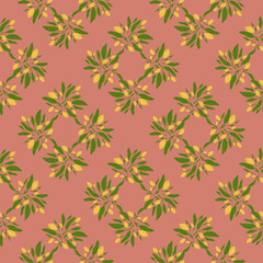 Fruit citrus seamless pattern with yellow lemons and green leaves print. Pink background.