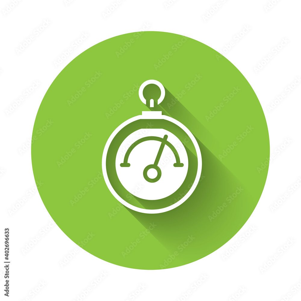 Poster White Barometer icon isolated with long shadow. Green circle button. Vector.