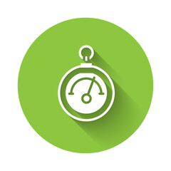 White Barometer icon isolated with long shadow. Green circle button. Vector.