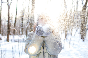 woman walking in snow park Christmas holidays outdoor