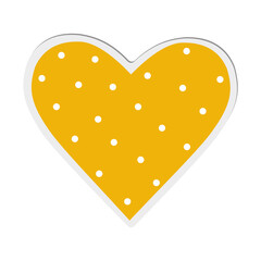Sticker. Yellow heart with white polka dots on a white background. Love symbol for Valentine's Day, greeting card. For fashion prints, cups, textiles, clothing. 
