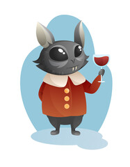 Vector cute little vampire with two large fangs and glass of red drink in a vintage dress . Element for the design of children's cards. Celebrating Halloween. Charming creature with big shinnny eyes.