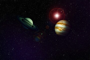 Great Conjunction: Jupiter and Saturn Meet on Solstice. Elements of this image furnished by NASA. 3 D - image © yaalan