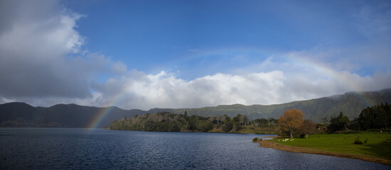 Fototapeta na wymiar Rainbow over Sete Cidades lake, Azores.