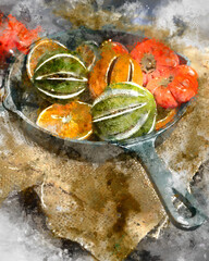 Naklejka na ściany i meble Digital watercolor painting of Beautiful food portrait of Wnter seasonal dried fruits with old vintage texture background and cutlery and accessories
