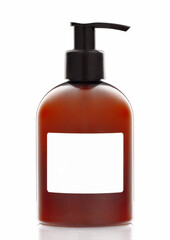 Brown cosmetic bottle with blank white label.